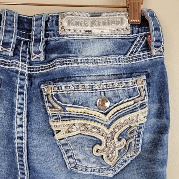 Rock Revival Vitual Pink Mid Rise Straight Patch Distressed Medium Wash Jeans 27 - Picture 10 of 16